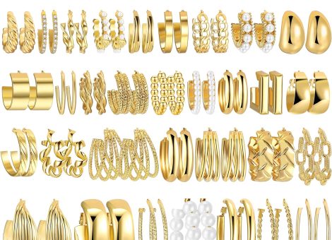 42 Pairs Gold Hoop Earrings Set for Women, Fashion Chunky Pearl Earrings Multipack Twisted Statement Earring Pack, Hypoallergenic Small Big Hoops Earrings for Birthday Party (Gold-42 pairs)